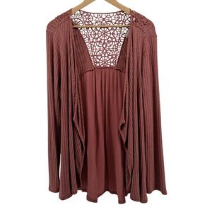 Knox Rose Open Front Cardigan Womens XL Top Crochet Back Dusty‎ Rose Lace
